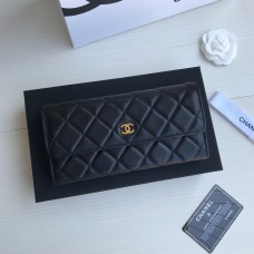 Chanel Classic Wallet Long Flat Cover 19cm Black Gold Hardware Lambskin Hass Factory leather 11x19x3cm