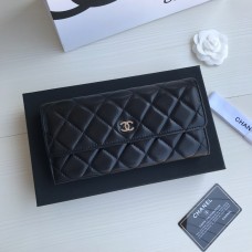 Chanel Classic Wallet Long Flat Cover 19cm Black Silver Hardware Lambskin Hass Factory leather 11x19x3cm