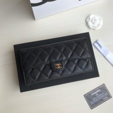 Chanel Classic Wallet Long Curved Cover 19cm Black Gold Hardware Caviar Leather Hass Factory leather 11x19x3cm