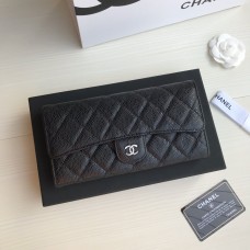 Chanel Classic Wallet Long Curved Cover 19cm Black Silver Hardware Caviar Leather Hass Factory leather 11x19x3cm