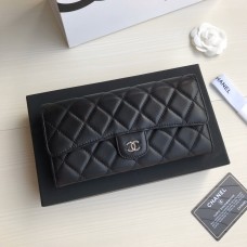 Chanel Classic Wallet Long Curved Cover 19cm Black Silver Hardware Lambskin Hass Factory leather 11x19x3cm