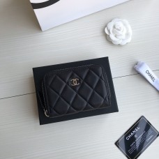 Chanel Classic Wallet Zipper 19cm Black Silver Hardware Lambskin Hass Factory leather 11x8x2cm