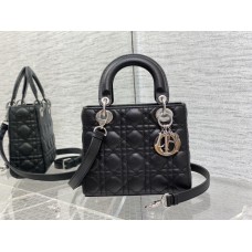 Lady Dior Small Bag, 20, Black, Silver Hardware, Grained Calfskin, Size: 20cm