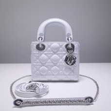 Lady Dior Mini 17cm, Three Blocks, Lambskin, White, Silver Hardware