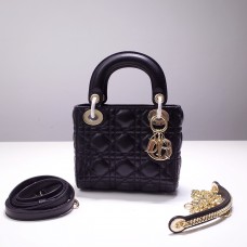 Lady Dior Mini 17cm, Three Blocks, Lambskin, Black, Champagne Gold Hardware