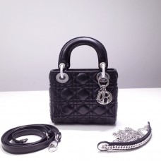 Lady Dior Mini 17cm, Three Blocks, Lambskin, Black, Silver Hardware