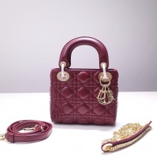 Lady Dior Mini 17cm, Three Blocks, Lambskin, Red, Champagne Gold Hardware