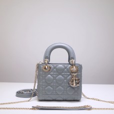 Lady Dior Mini 17cm, Three Blocks, Lambskin, Light Blue, Champagne Gold Hardware