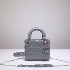 Lady Dior Mini 17cm, Three Blocks, Lambskin, Light Blue, Silver Hardware