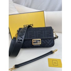 Fendi Baguette Medium 26 Black Canvas Gold Buckle 26x13x6cm