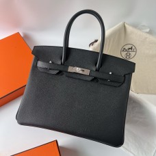 Hermes Hermès Birkin 30cm Epsom Ck89 Black Waxed Thread Silver Hardware Hand-Stitched