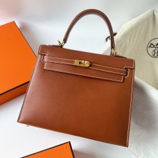 Hermes Hermès Kelly 25cm Barenia Smooth Grain Saddle Leather Waxed Thread Gold Hardware Hand-Stitched