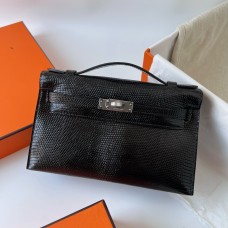 Hermes Hermès Mini Kelly 22cm Lizard Imported Lizard Leather Ck89 Black Waxed Thread Silver Hardware Out of Stock Hand-Stitched