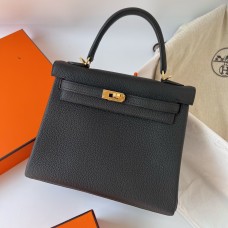 Hermes Hermès Kelly 25cm Togo Ck89 Black Waxed Thread Gold Hardware Hand-Stitched