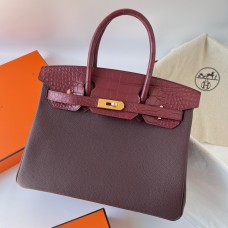 Hermes Hermès Birkin 30cm Touch Togo Calfskin Fog Crocodile Patch 0G Saddle Red Waxed Thread Gold Hardware Out of Stock Hand-Stitched