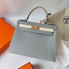 Hermes Hermès Kelly 28cm Epsom 8U Glacier Blue with I2 Cream White Waxed Thread Satin Gold Hardware Hand-Stitched