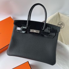 Hermes Hermès Birkin 30cm Touch Togo Calfskin Glossy Surface Mississippi Alligator Ck89 Black Waxed Thread Silver Hardware Out of Stock Hand-Stitched