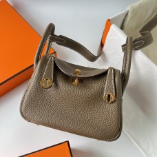 Hermes Hermès Mini Lindy 19cm Clemence Original Factory Leather Ck18 Elephant Grey Waxed Thread Gold Hardware Hand-Stitched