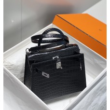 Hermes Hermès Kelly 25 Crocodile Skin Pattern Lambskin Inside Black Silver Hardware Hand-Stitched