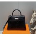 Hermes Hermès Kelly 25 Crocodile Skin Pattern Lambskin Inside Black Silver Hardware Hand-Stitched