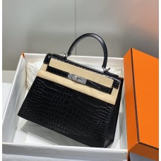 Hermes Hermès Kelly 28 Crocodile Skin Pattern Lambskin Inside Black Silver Hardware Hand-Stitched