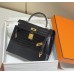 Hermes Hermès Kelly 25 Crocodile Skin Pattern Lambskin Inside Black Gold Hardware Hand-Stitched