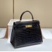 Hermes Hermès Kelly 25 Crocodile Skin Pattern Lambskin Inside Black Gold Hardware Hand-Stitched