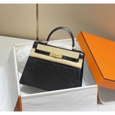 Hermes Hermès Kelly 28 Crocodile Skin Pattern Lambskin Inside Black Gold Hardware Hand-Stitched