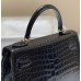 Hermes Hermès Kelly 28 Crocodile Skin Pattern Lambskin Inside Black Gold Hardware Hand-Stitched