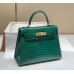 Hermes Hermès Kelly 28 Crocodile Skin Pattern Lambskin Inside Green Gold Hardware Hand-Stitched