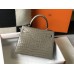 Hermes Hermès Kelly 25 Crocodile Skin Pattern Lambskin Inside Grey Gold Hardware Hand-Stitched