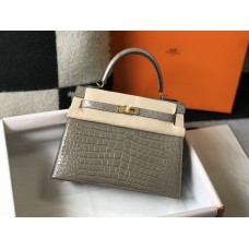 Hermes Hermès Kelly 28 Crocodile Skin Pattern Gold Hardware Grey Hand-Stitched