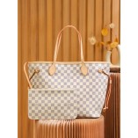 Louis Vuitton N41361 Checkered/Beige NEVERFULL Medium Handbag Damier Azur: Size - 32x28.5x17cm