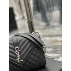 Yves Saint Laurent YSL Envelope Medium 24 Black Silver Hardware Grained Leather Model: 487206 Size: 24x17.5x6cm